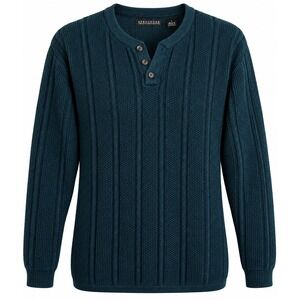 Vintage Structure Mens Teal Ramie Cotton Knit Henley Sweater Large Ribbed preppy